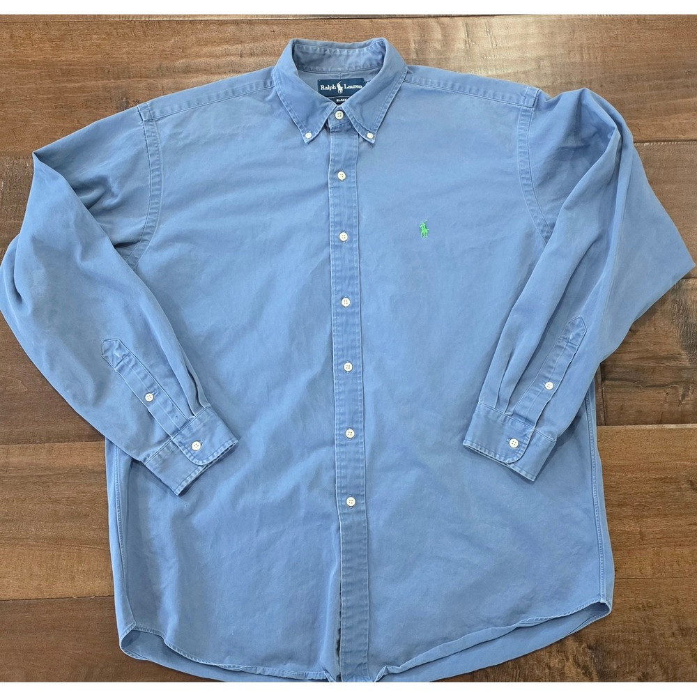 VTG 90s Preppy Polo Ralph Lauren Blake L Blue  Button Down Shirt Green Pony Logo